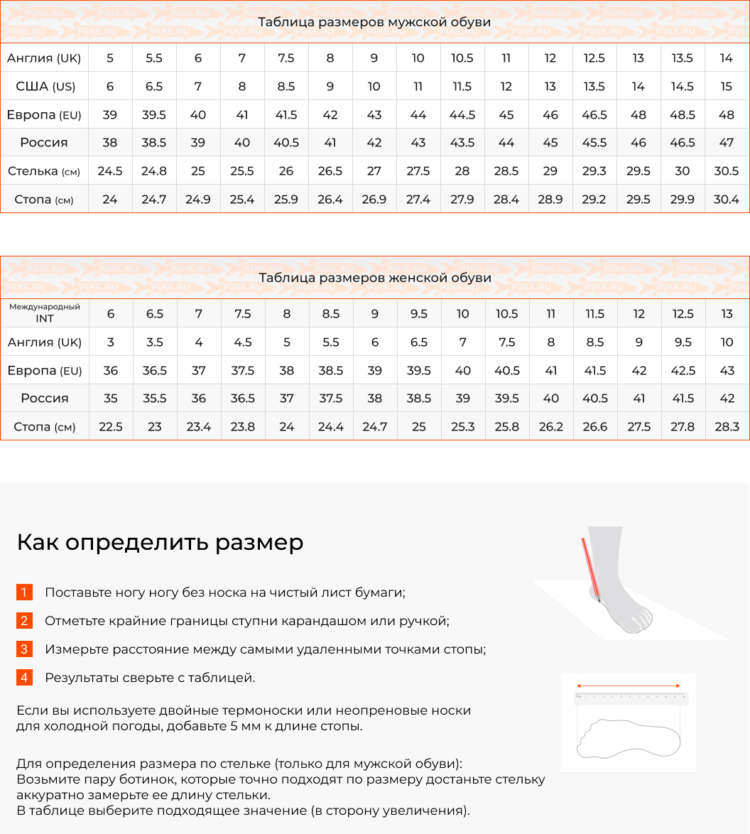 таблица размеров обуви